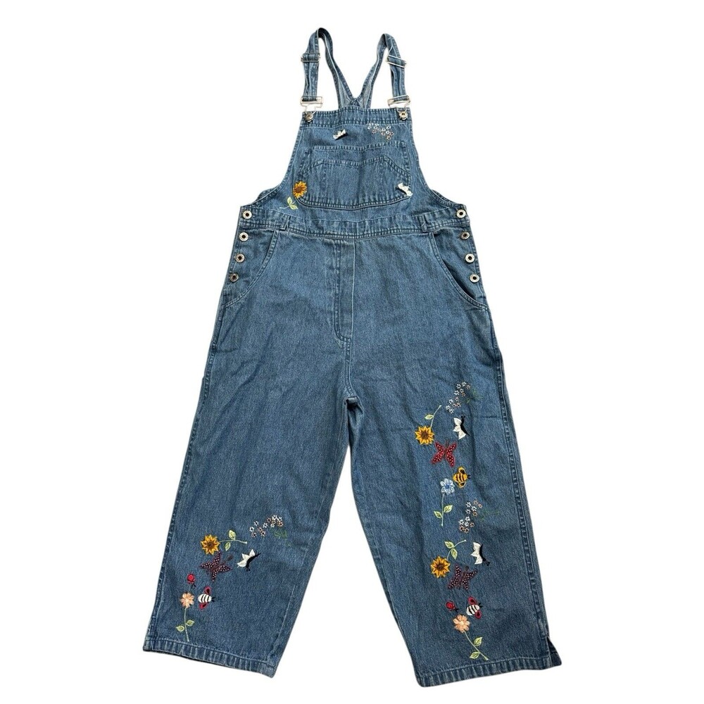 Vintage Y2K Agapo Denim Overalls Embroidered Floral Bees Butterfly Cropped M